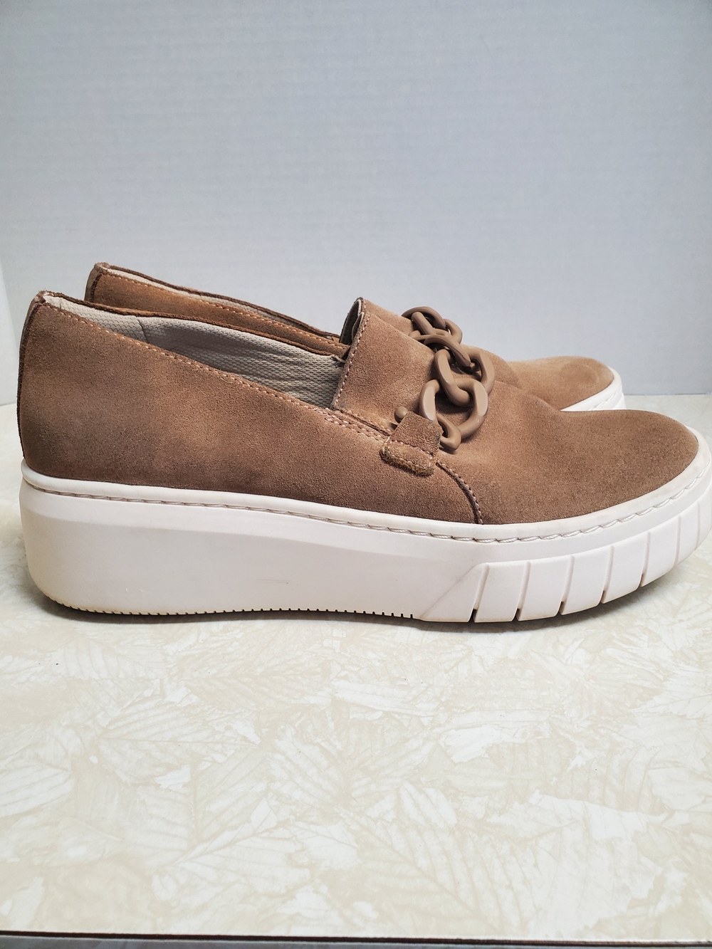 Naturalizer Tan Suede Slip-On Platform Shoes with Chain Detail